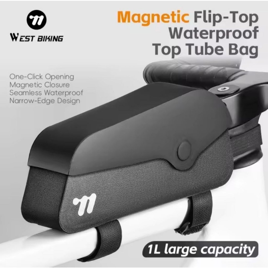 WEST BIKING Tas Frame Depan Sepeda Magnetic Flip Top Waterproof Top Tube Bag 1L Large Capacity Slim 
