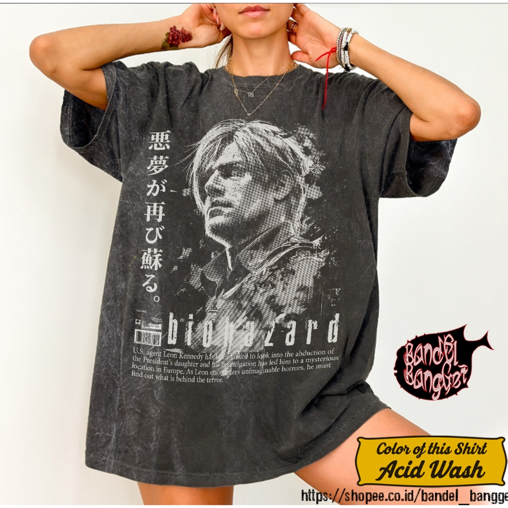 Kaos Resident Evil Leon Kennedy Shirt 7 | Acid Wash Oversized Shirt