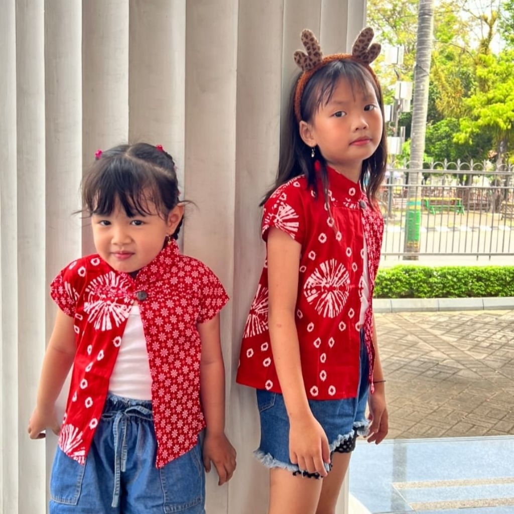 Top Outer Batik Anak Teruntum Jumputan Merah Nyaman Di Pakai