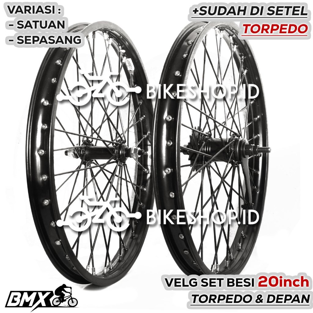 Velg Set Sepeda 20 Inch BMX Besi Hitam Jari-Jari 10G Jumbo Hub Torpedo + Depan Sudah Setel Siap Paka