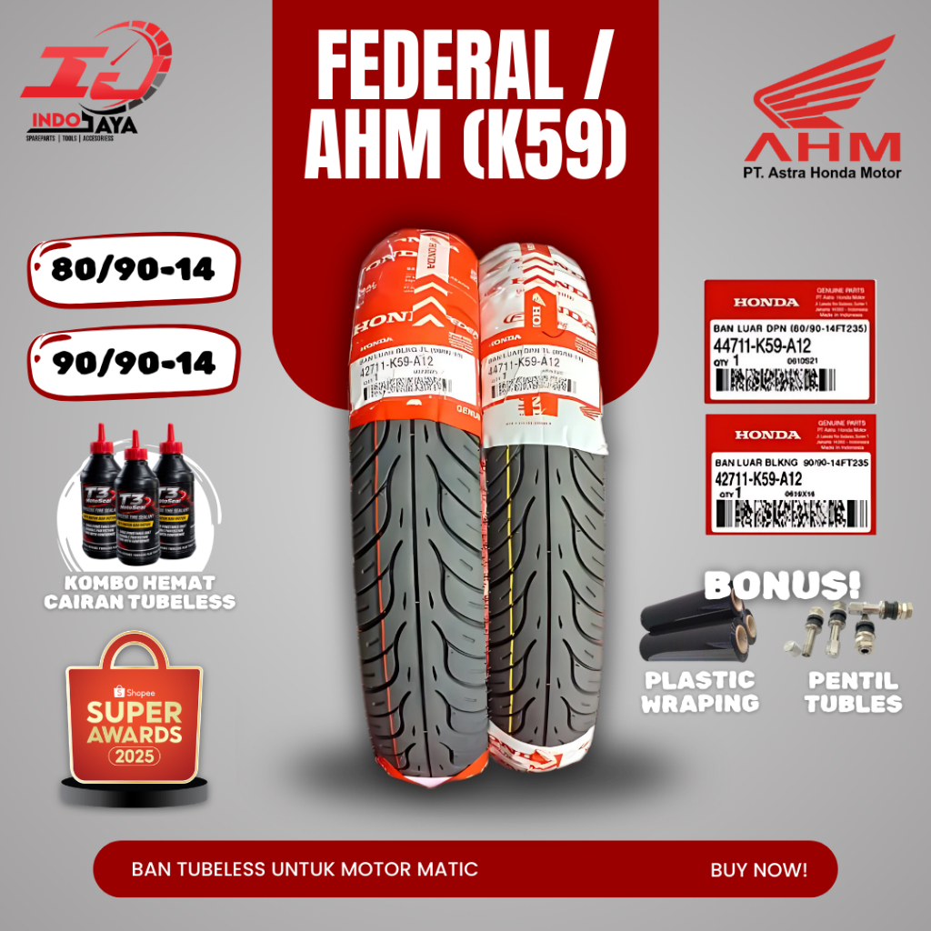 [PAKET MURAH SEPASANG] BAN AHM FEDERAL TUBELESS ( 80/90-14 / 90/90-14 ) BAN MOTOR MATIC HONDA BEAT P