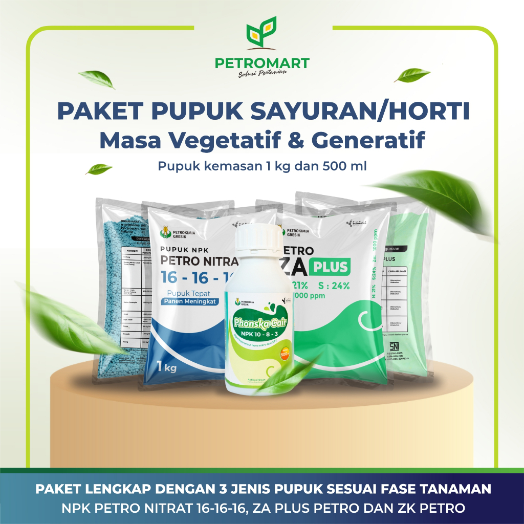 Paket Pupuk Sayuran/Horti | Petrokimia Gresik | ZA Plus, NPK Petro Nitrat 16-16-16, NPK Phonska Cair