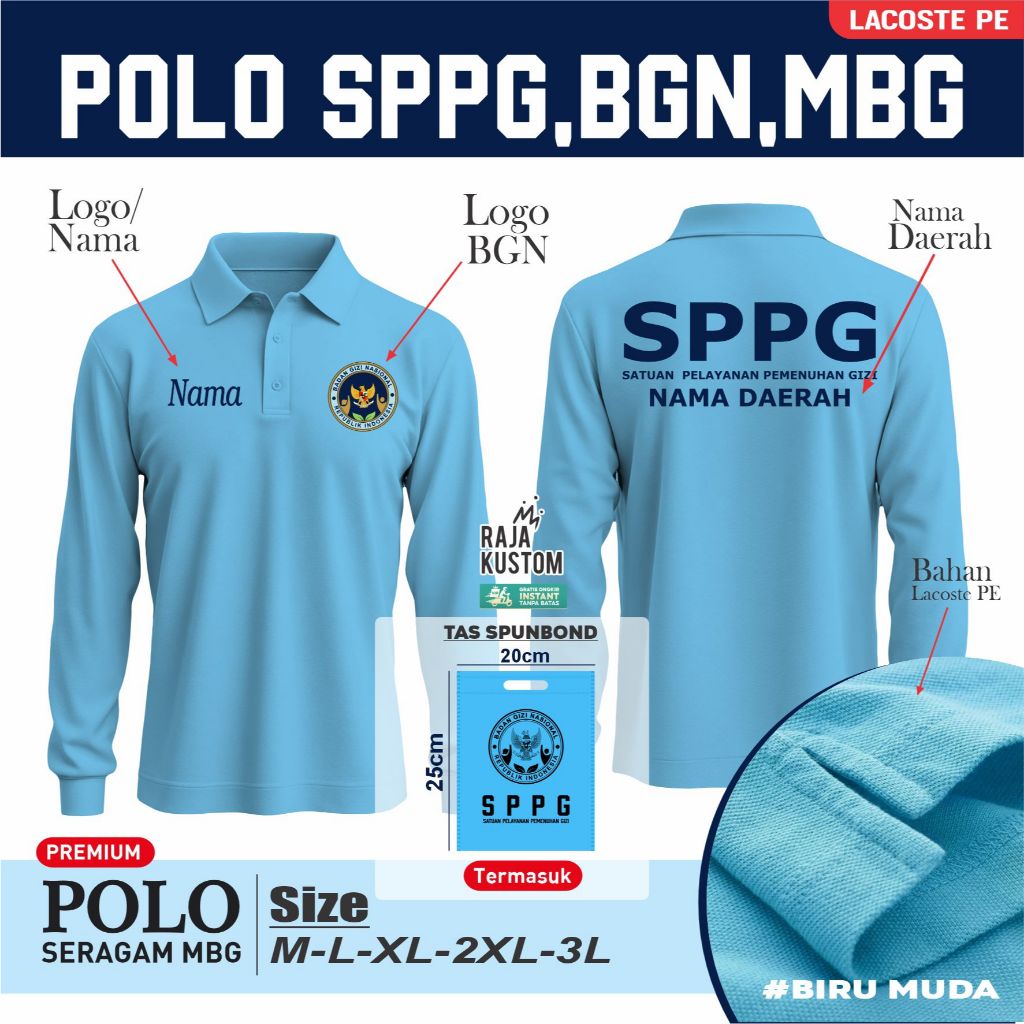 POLO RELAWAN SPPG BGN MBG LENGAN PANJANG SUDAH TERMASUK CUSTOM NAMA & DAERAH KAOS MBG FREE TAS SPUN