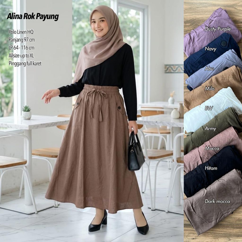 ROK LEBAR PAYUNG RREMIUM - ROK LEBAR POLO LINEN - ROK PAYUNG - ROK KLOK