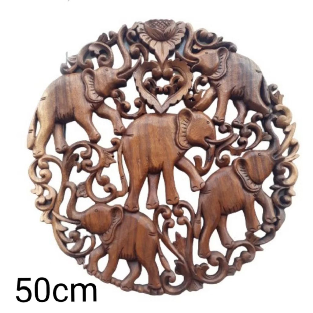 Hiasan dinding ukiran Bali frame bundar motif gajah diameter 50cm Wall decor