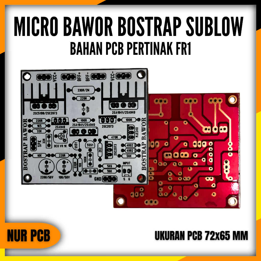 PCB Driver Power Amplifier Micro Bawor Bootstrap 7.2x6.5cm Pertinak FR1 PA-038