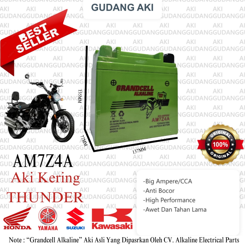 Aki Motor GRANDCELL ALKALINE AM7Z4A MF 12V 7Ah 3.14KG CCA 310- Bebas Perawatan, Ringan, Tahan Lama, 