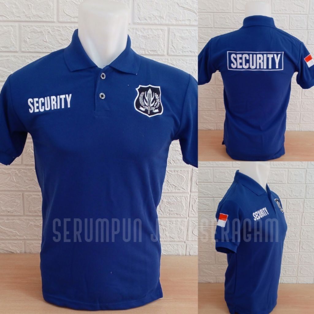 KAOS SECURITY BIRU LOGO PUTIH FULL BORDIR - KAOS KERAH SECURITY BIRU LOGO PUTIH BORDIR - KAOS SECURI