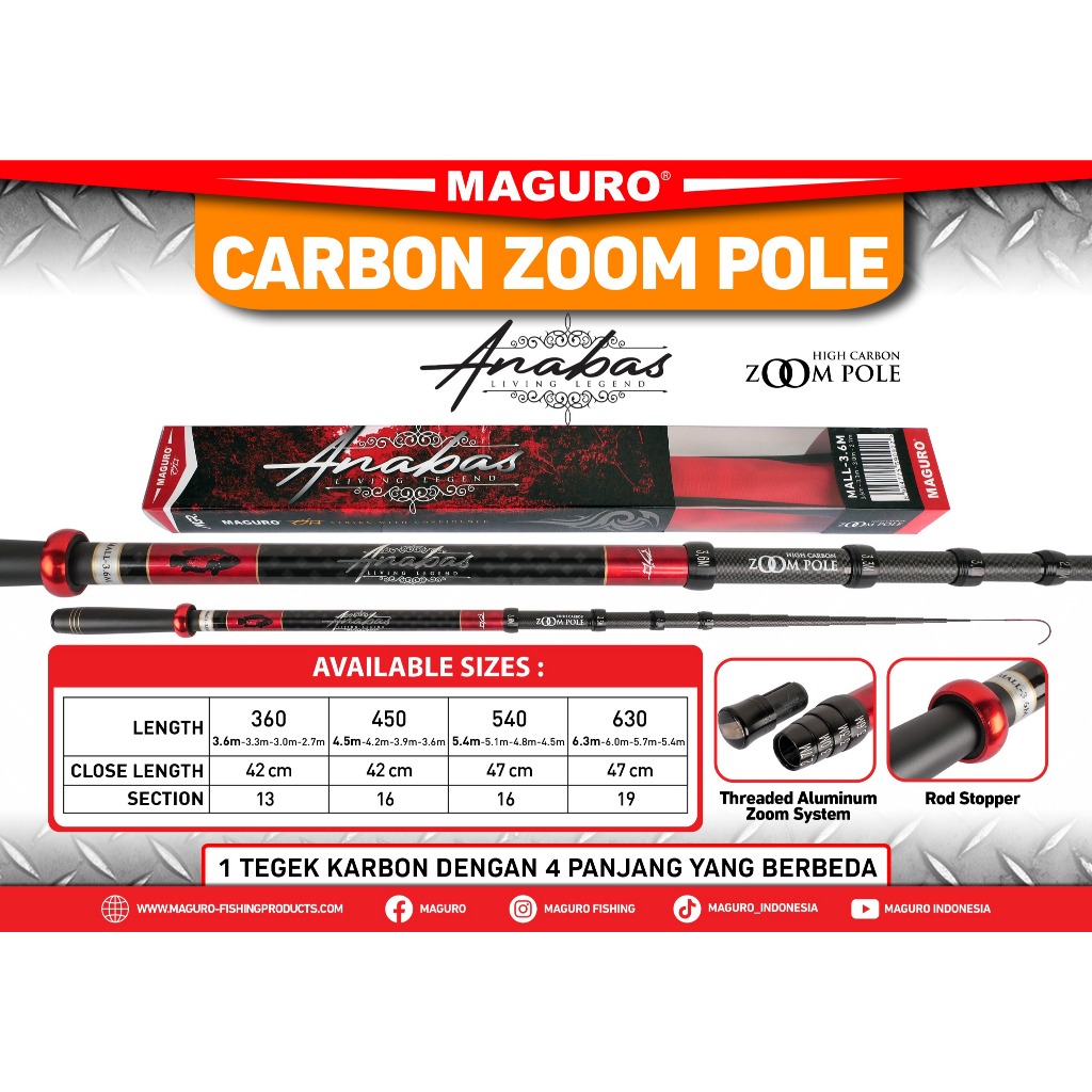 Joran Tegek Carbon Maguro Anabas Zoom Pole | Joran Carbon Ringan Kuat | Ukuran 360 & 450