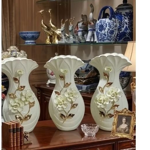 pajangan vas keramik krem set 3 bunga tumbul/hiasan lemari bahan keramik vas guci porselin mewah