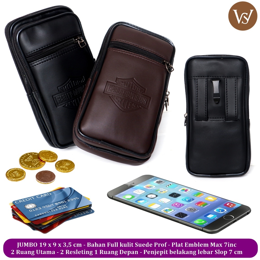Dompet HP Pria 2 HP 3 Ruang Resleting Ganda Jumbo Tas Pinggang Kulit Premium Elegan