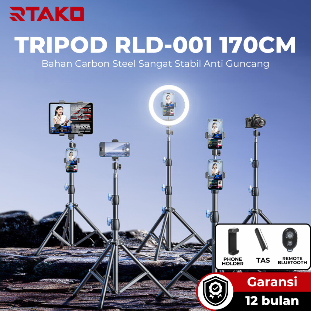 Rtako RLD-001 Carbon Steel Tripod 1.7M Premium Tripod Komplit Untuk HP Kamera + Remote Bluetooth + G