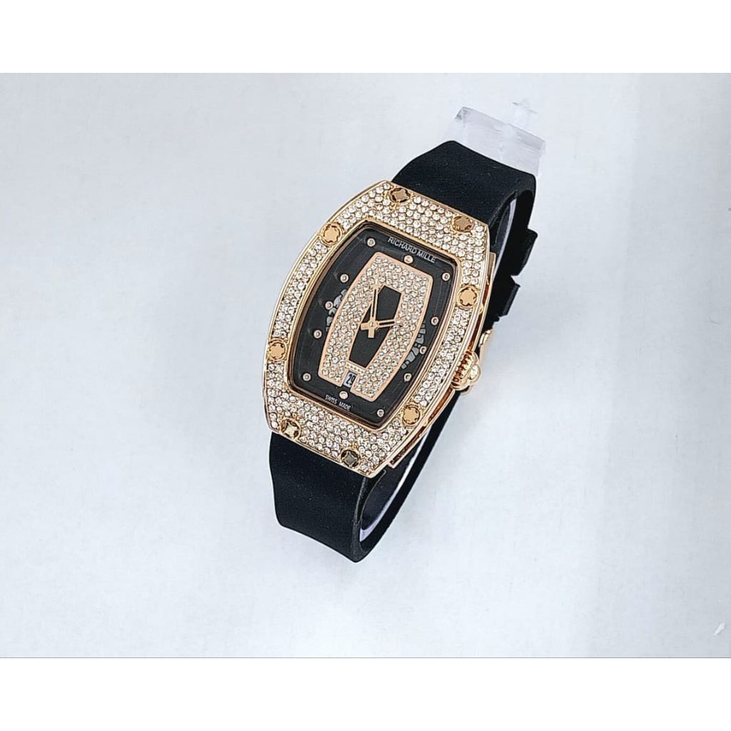 Jam Tangan Wanita Mewah Diamond Look Richard Mille Rose Gold White Strap Elegant Series
