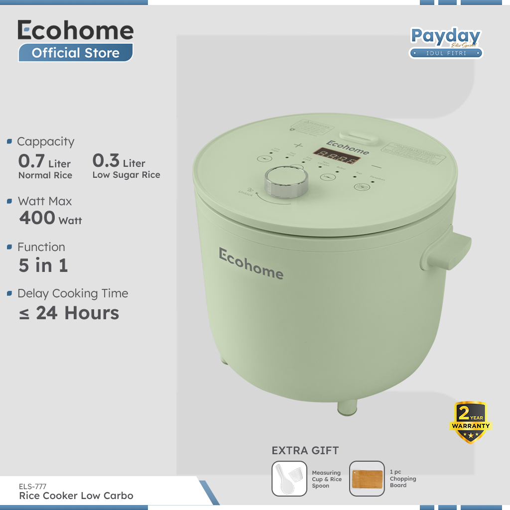 ECOHOME Rice Cooker Low Carbo ELS777 Low Sugar with 0.8L Penanak Nasi & Menghangatkan Low Watt