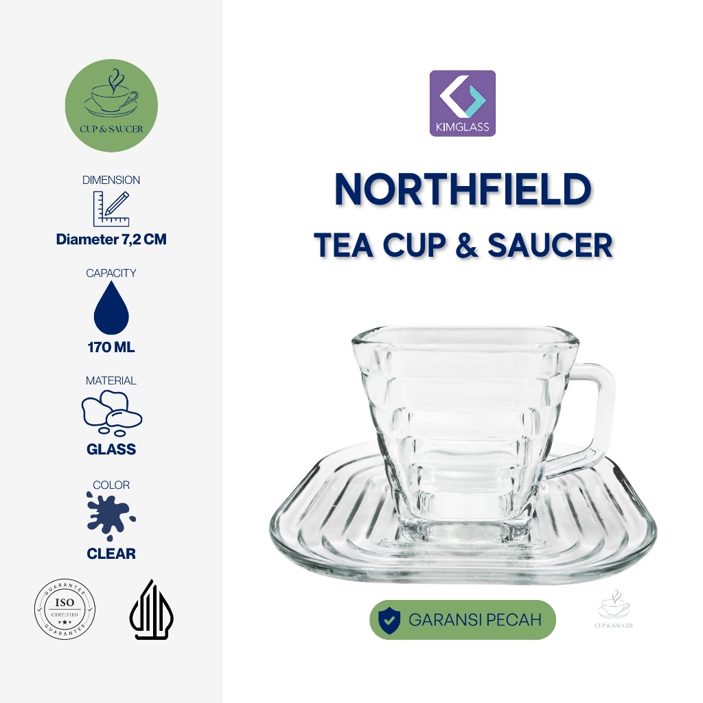 KimGlass Northfield Tea Cup Saucer Set Cangkir Gelas Tatak Kaca Bening 170 ml Tahan Panas Microwave 