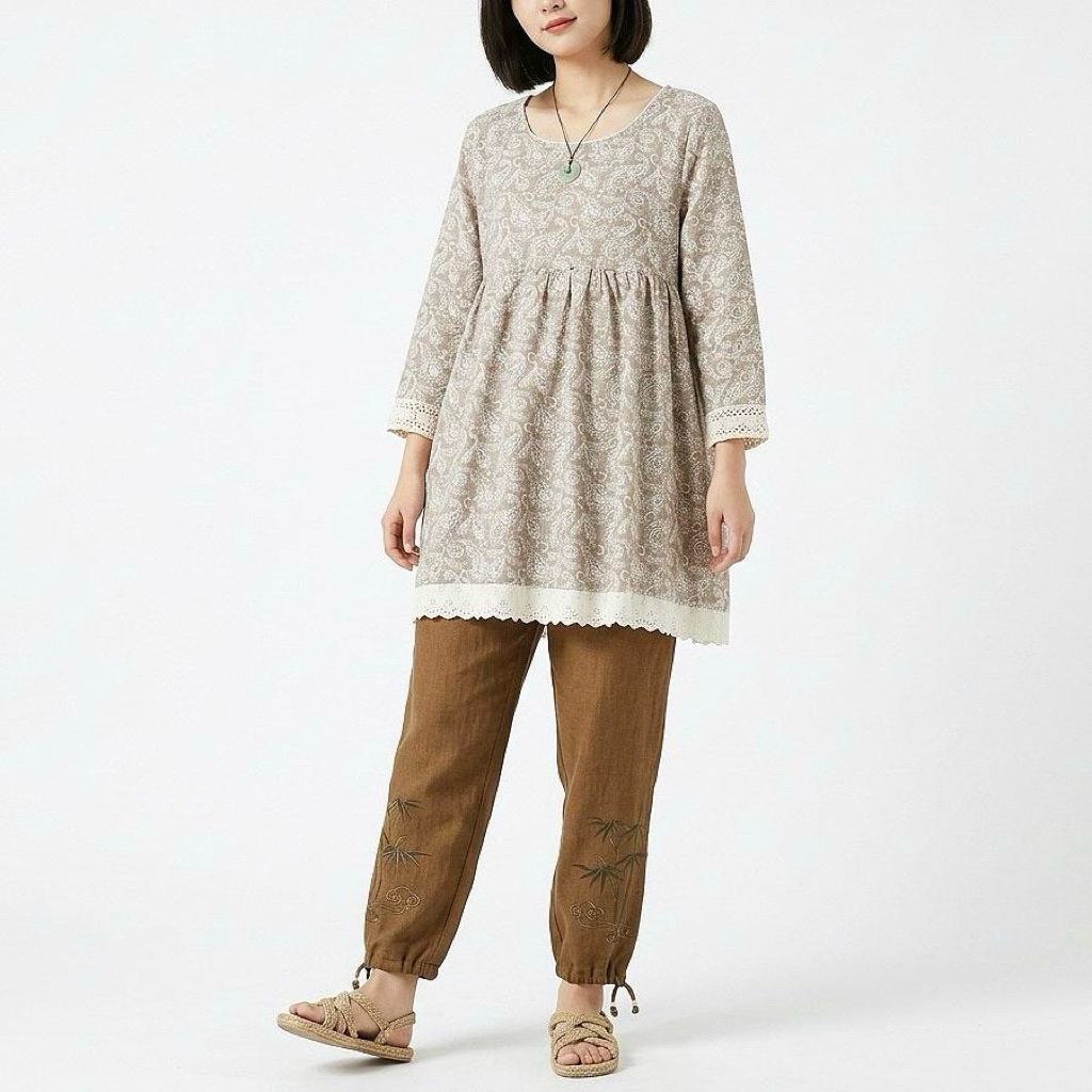 BLUS LINEN PREMIUM KREM BUNGA PUTIH PAISLEY BABYDOLL KOREA IMPORT