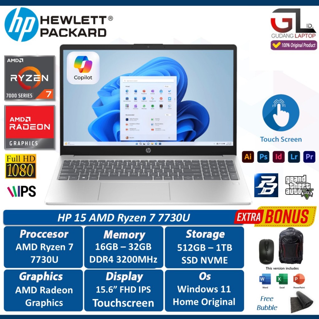 Laptop Gaming HP 15 AMD Ryzen 7 7730U RAM 32GB 1TB SSD 15.6 Inch FHD IPS Touch Win 11 Home