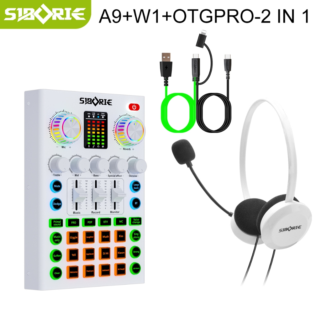 Siborie A9 Soundcard+H1-A/W1 Headphone+OTGPRO-2IN1 Cable Paket Lengkap Set For Sound Card Live Karao