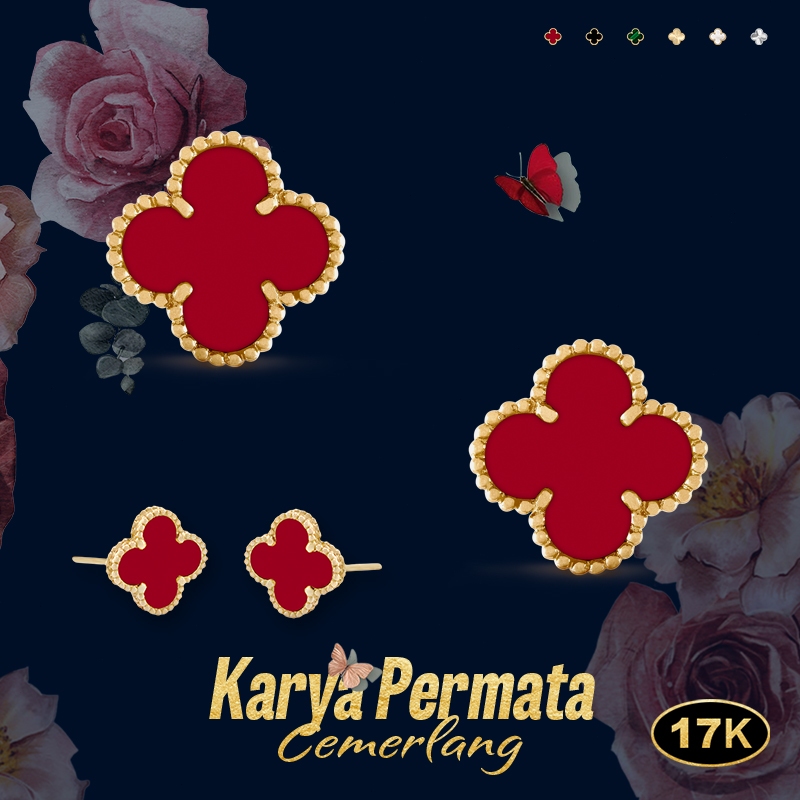 Anting-anting kancing emas 17K, anting-anting wanita, anting-anting kancing merah