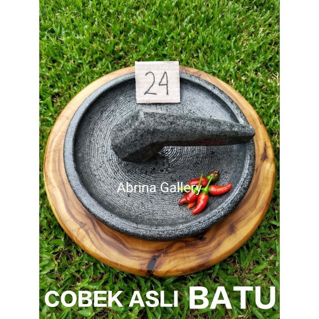 Cobek Batu Asli Ukuran 24cm dengan Ulekan - Anti Karat, Anti Jamur, Kuat, Anti Luntur, dan Tahan Lam