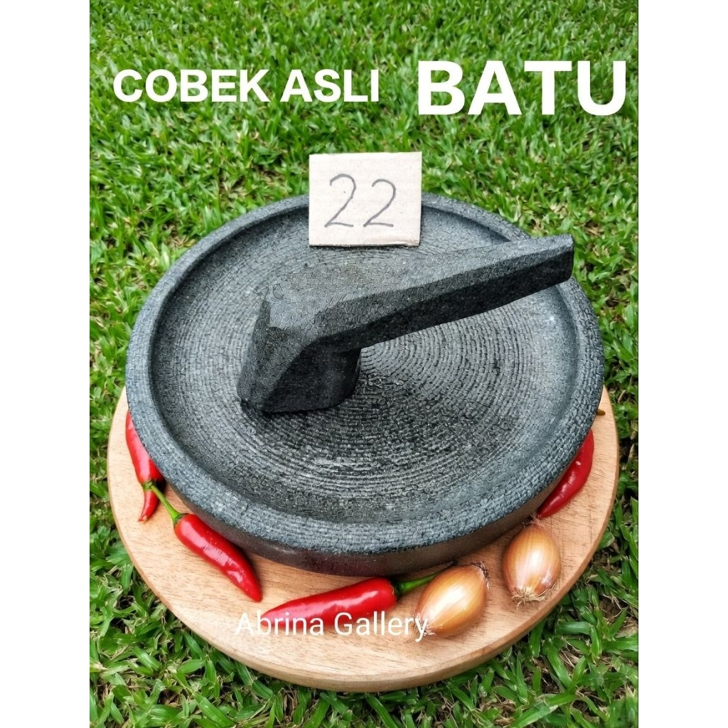Cobek Batu Asli Andesit Diameter 22cm Free Ulekan - Anti Karat, Anti Jamur, Kuat, Anti Luntur, dan T