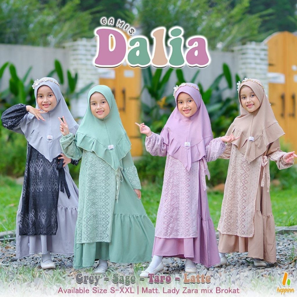 Gamis Pesta Anak Dress Brokat Perempuan Dalia Baju  Muslim Polos Set Hijab