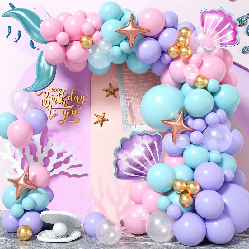 Set Dekorasi Balon Pesta Ulang Tahun Tema Putri Duyung - Balon Warna Pastel Pink Biru Ungu dengan Ek