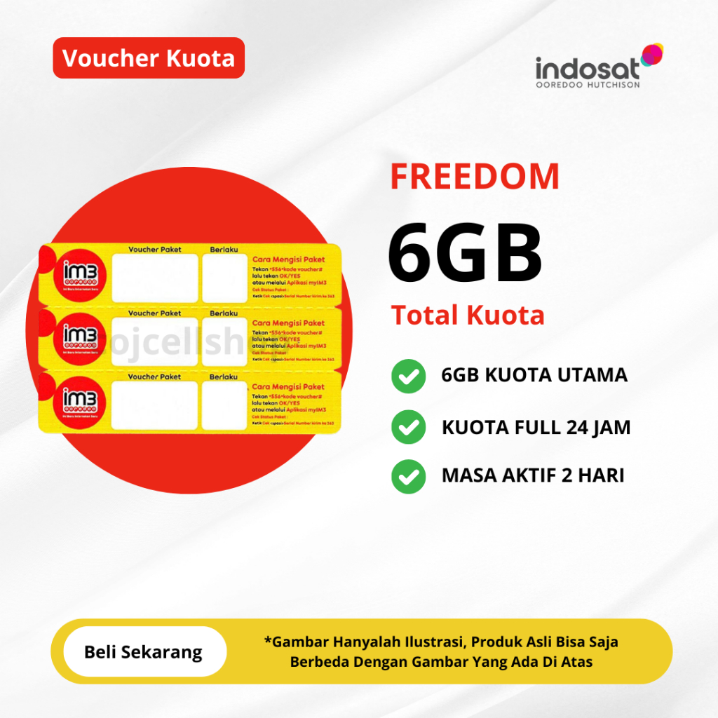 Voucher Indosat Freedom 6GB 2 Hari Full 24 JAM - Voucher IM3 Ooredoo 6GB Full 24 JAM Masa Aktif 2 Ha