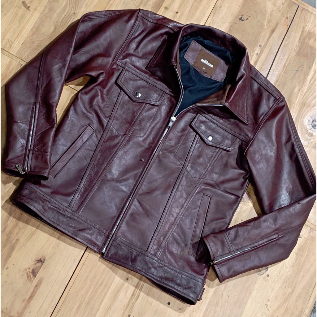 jaket kulit Trucker pria size L