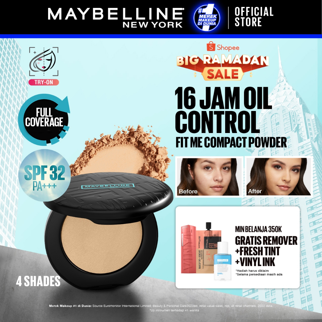 Maybelline Fit Me Matte + Poreless 16 Jam Oil Control Compact Powder Make Up Bedak Padat tahan 16 Ja