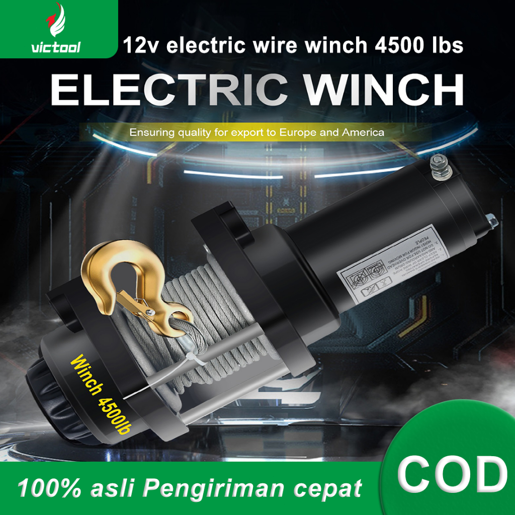 Victool Winch mobil offroad 12volt 4500lbs katrol listrik 10M Tali Sling Electric Hoist Crane