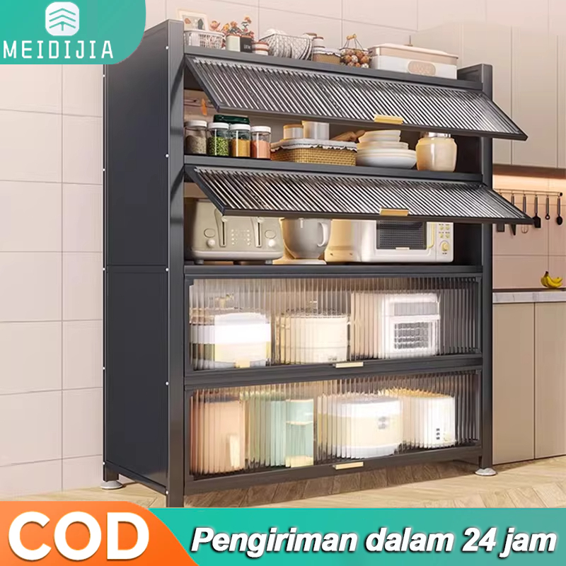 Lemari Dapur Rak Dengan Pintu Tertutup Full Besi Lemari Rak Multifungsi Rak Piring Aluminium Tertutu