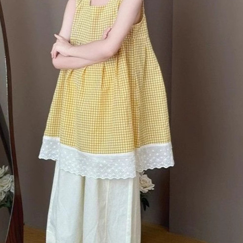 Set Rompi Anak Perempuan dan Set Anak Besar Bergaya Kotak-Kotak Dua Potong