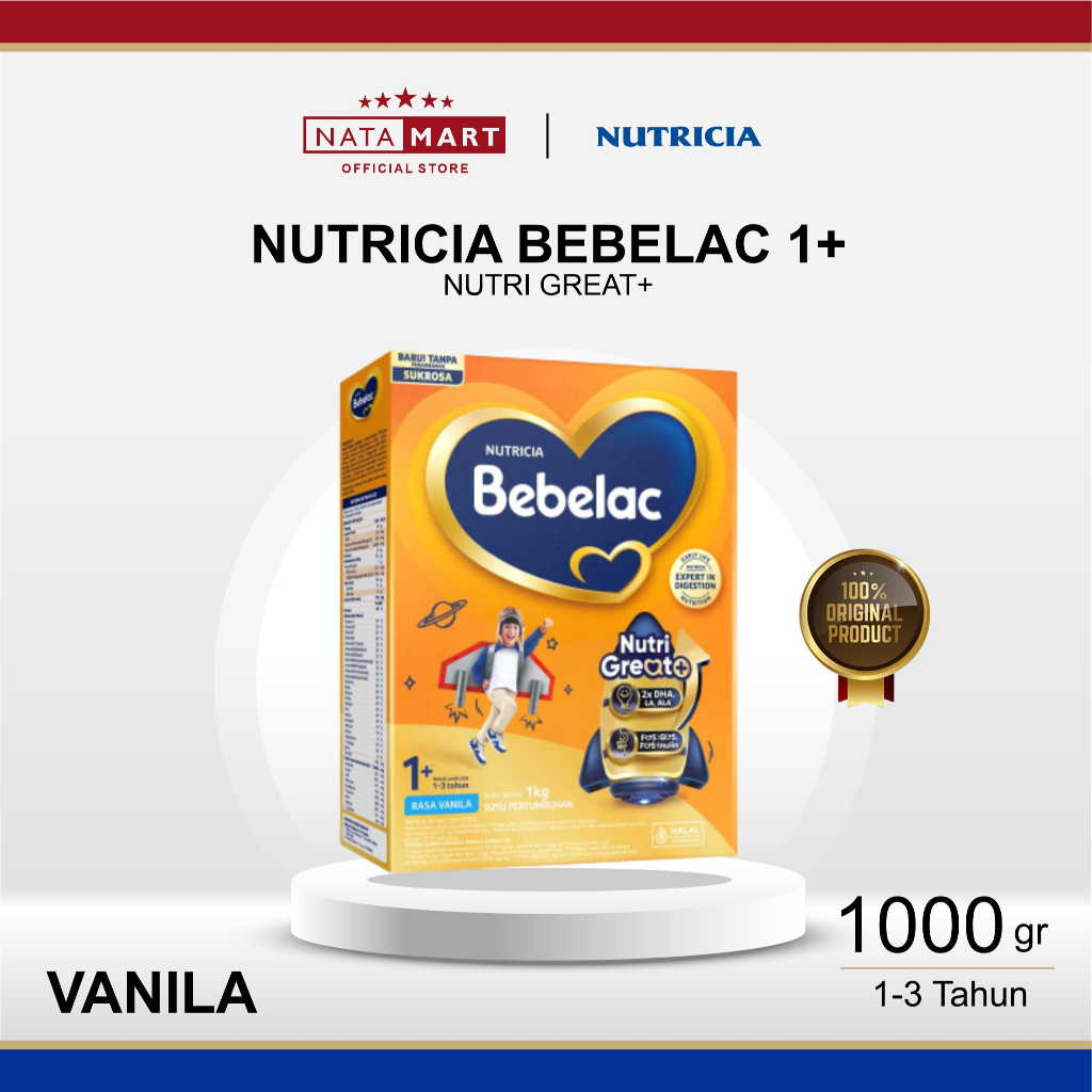 SUSU FORMULA PERTUMBUHAN ANAK BEBELAC 1+ GROGREAT+ BALITA 1-3 TAHUN RASA VANILA 1000G / 1KG