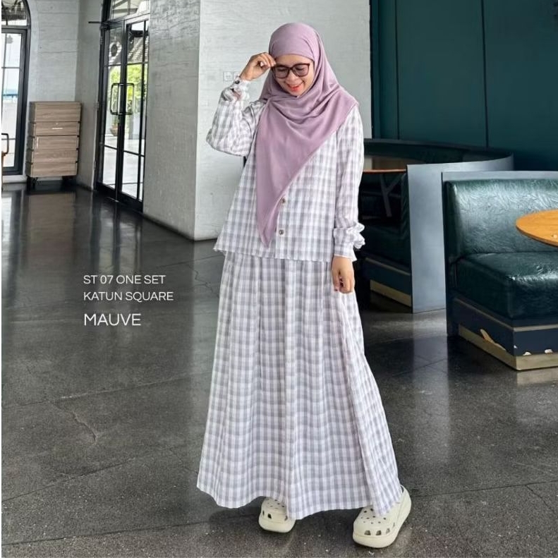 ONE SET KATUN ST 07 BY NEE NOE (BRAND SISTER AURORA HIJAB) // TUNIK SET ROK KATUN MOTIF KOTAK