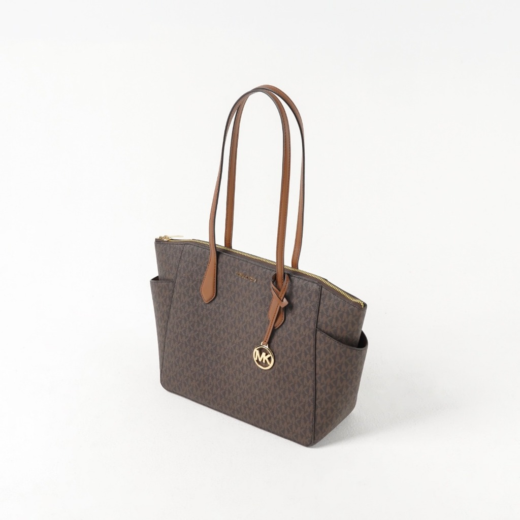 Tas MK MARILYN SIDE POCKET MONOGRAM DARK BROWN ZIP TOTE BAG 100% ORIGINAL