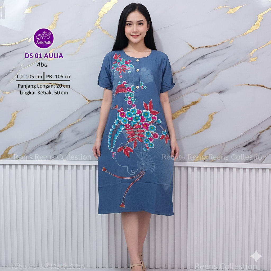 Batik Aulia Daster 01 LD 105 cm Rayon Premium | Daster Lengan Pendek Selutut Busui 3 Kancing Depan