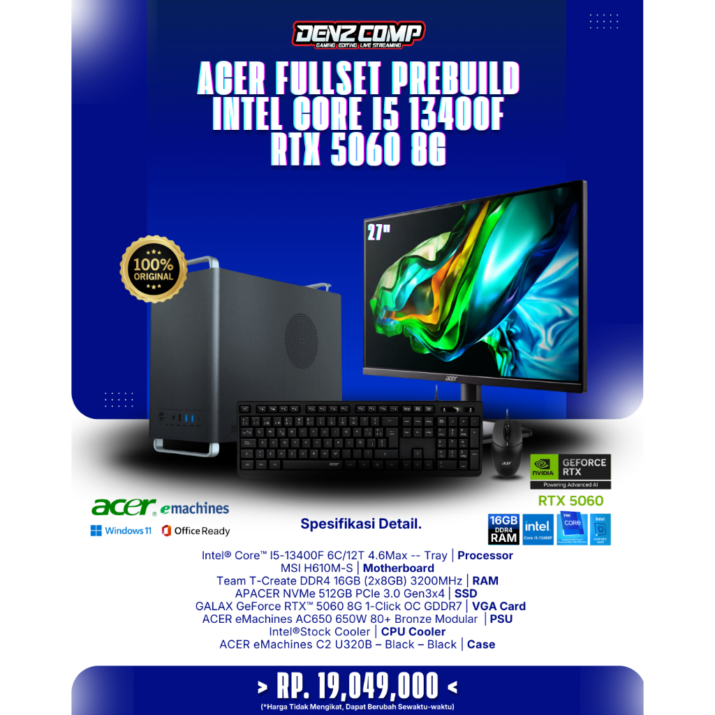 PC GAMING PREBUILD ACER FULLSET - INTEL CORE I5 13400F | RTX 5060 8G | DDR4 16GB | NVMe 512GB - PC C