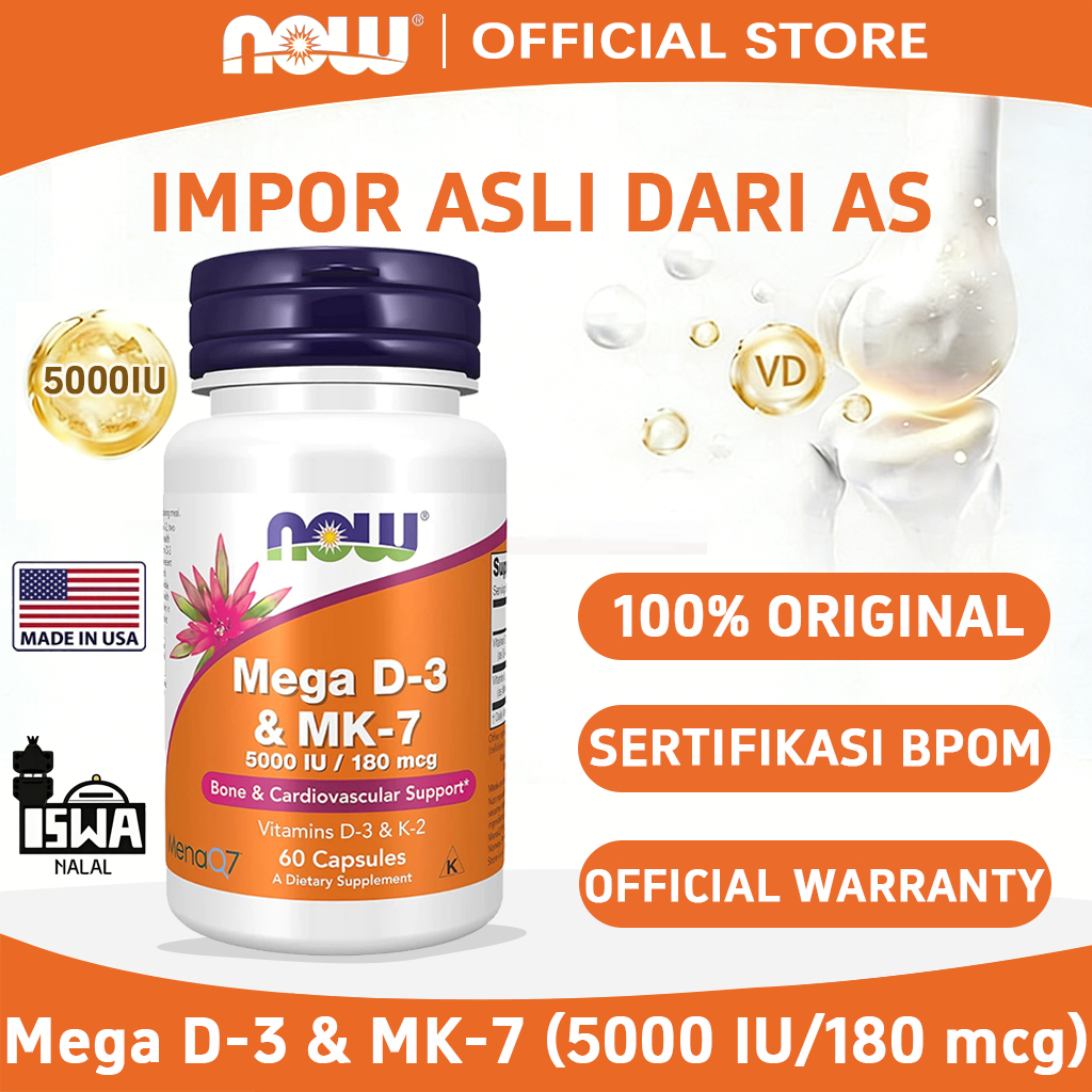 Now Foods Mega D3 5000IU 180mcg K2 MK7[NEW][100%Impor asli][COD]D-3 & MK-7 (5000 IU/180 mcg) 60 Caps