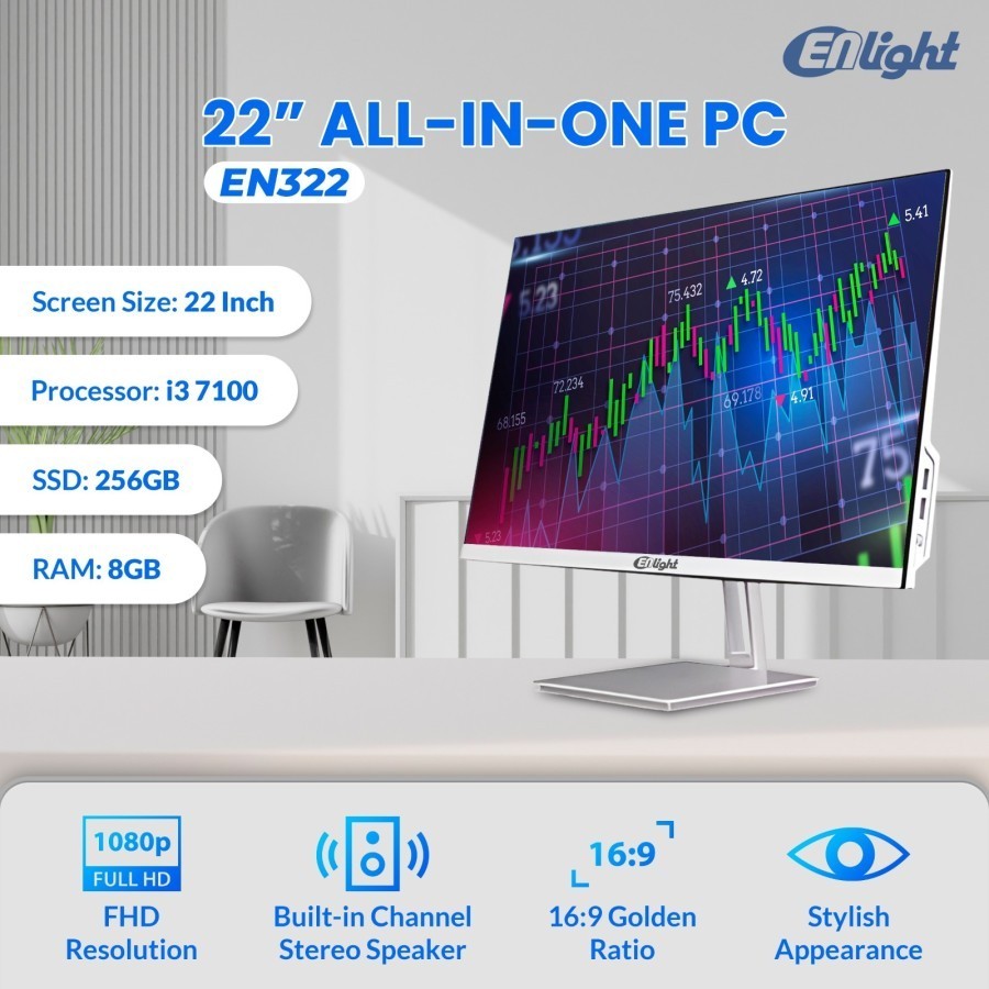 PC AIO ENLIGHT EN322 Intel Core i3 7100 8GB 256GB SSD 22" Inch Full HD Windows 11 Pro White