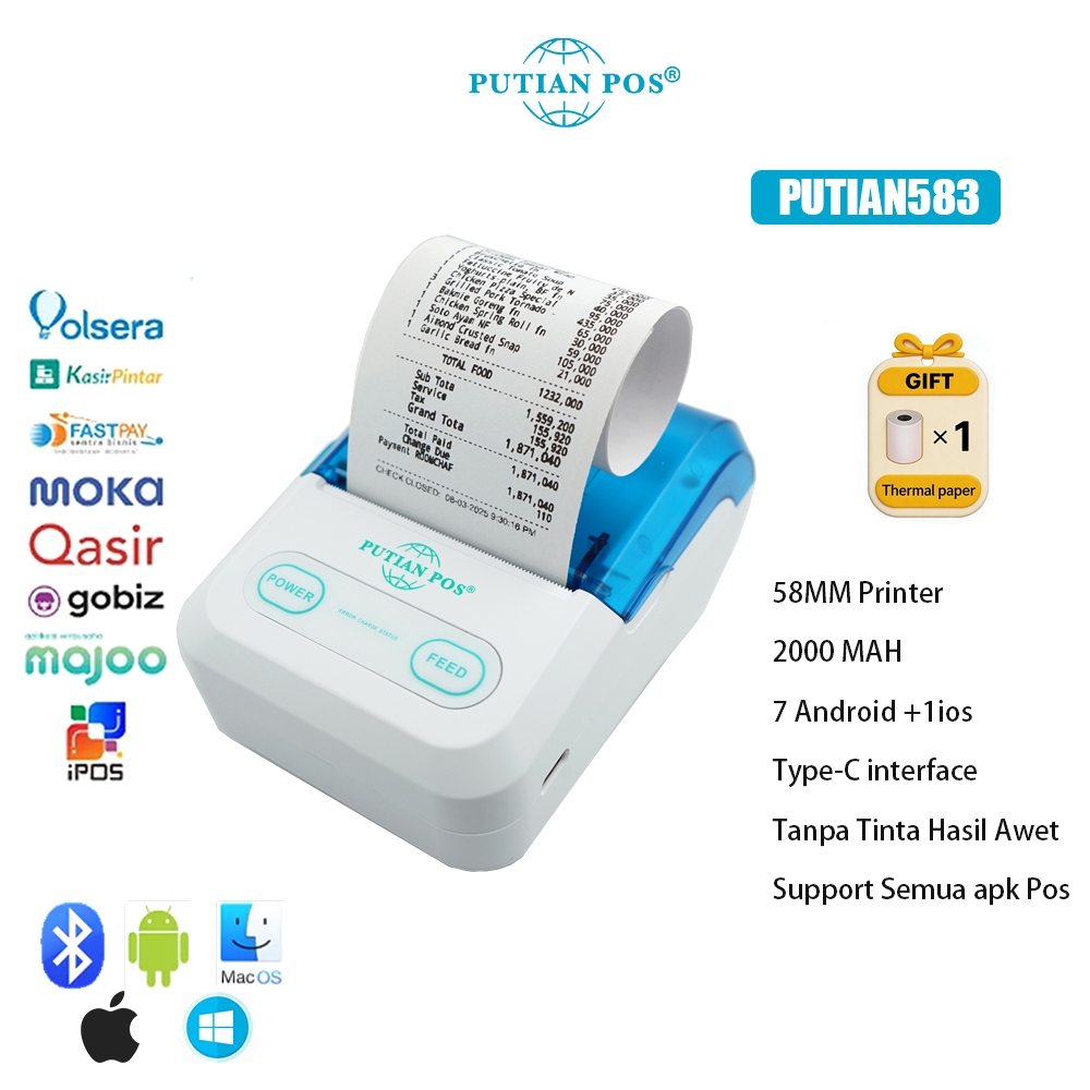 Printer Struk Thermal 58mm Bluetooth Android iOS PUTIAN POS Printer Portable POS Gratis Kertas USB B
