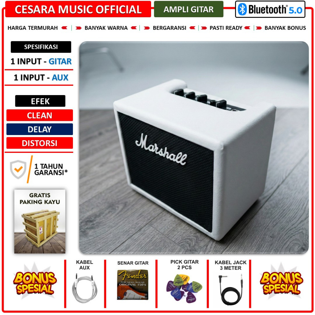 ampli gitar dan bass 5 inch 2 Input bluetooth marshall bonus kabel jack pick gitar & aux putih