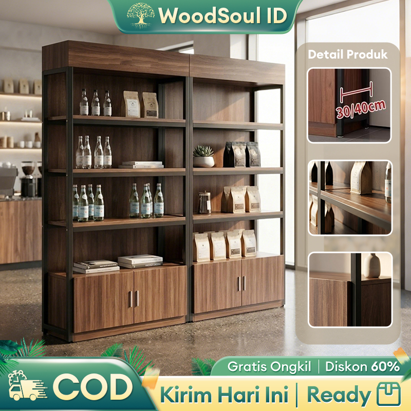 Rak Kayu Besi Serbaguna 4 Susun Rak Buku Industrial Rak Display Pajangan Minimalis Tahan Beban 80-14