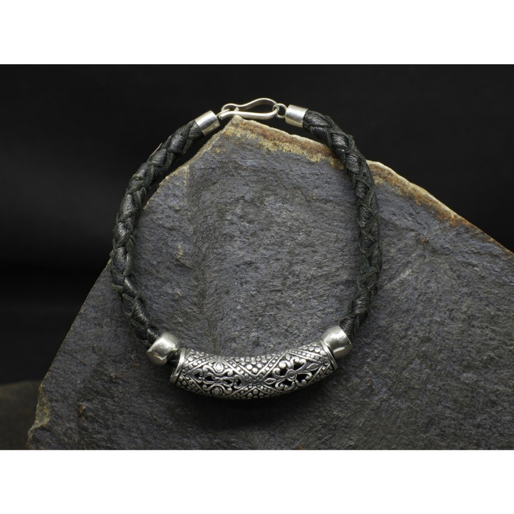 Gelang Kombinasi Kulit Perak Model Batik | Kulit Sintetis Warna Hitam | Sterling Silver 925