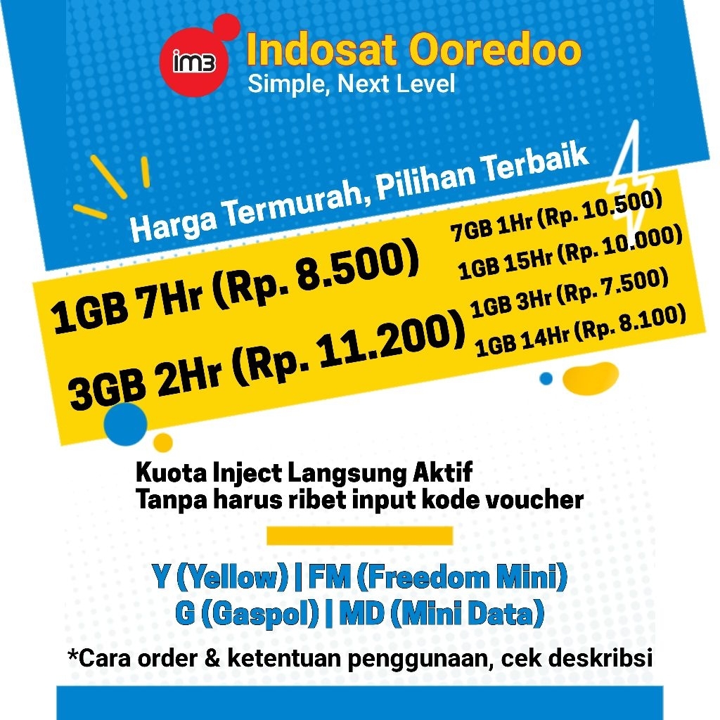 Paket Data Internet IM3 1GB 3GB 7GB Yellow Fredoom Mini | Kuota Quota Indosat Inject Langsung