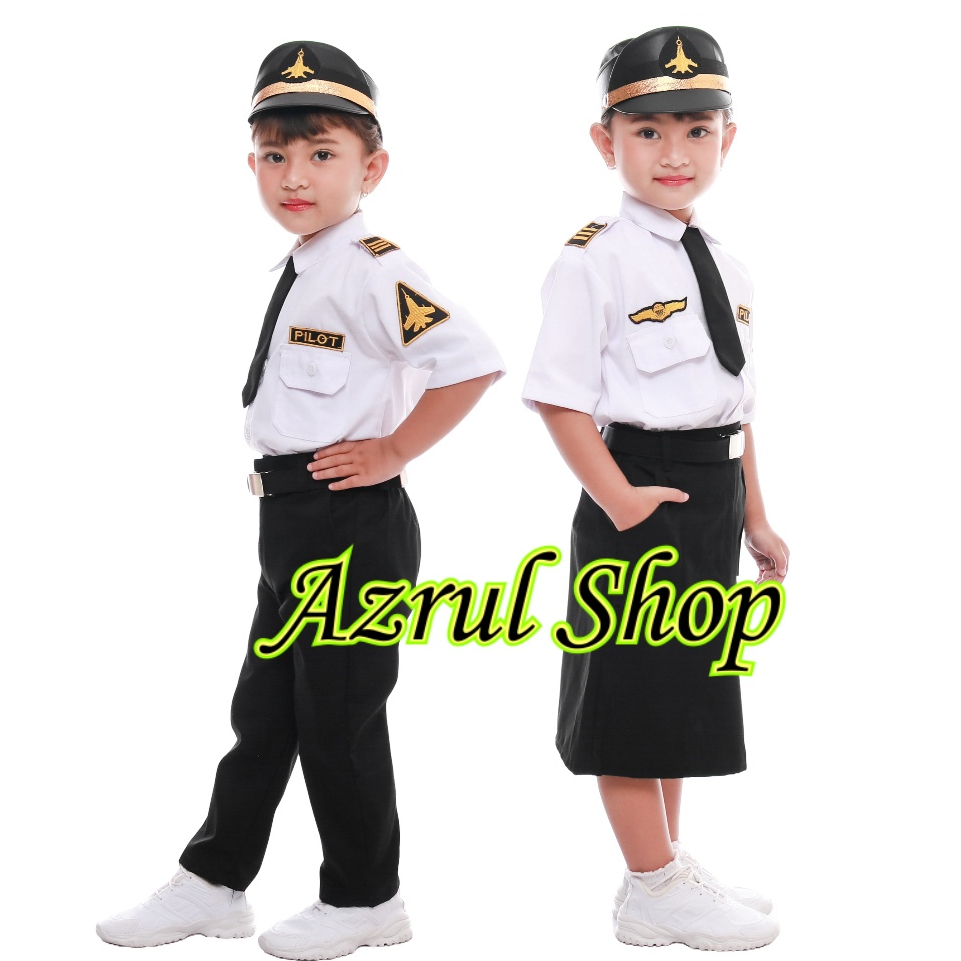 Baju Profesi Anak Perempuan Pilot TK PAUD Seragam Anak Karnaval Kostum Pilot Anak Set Topi & Aksesor