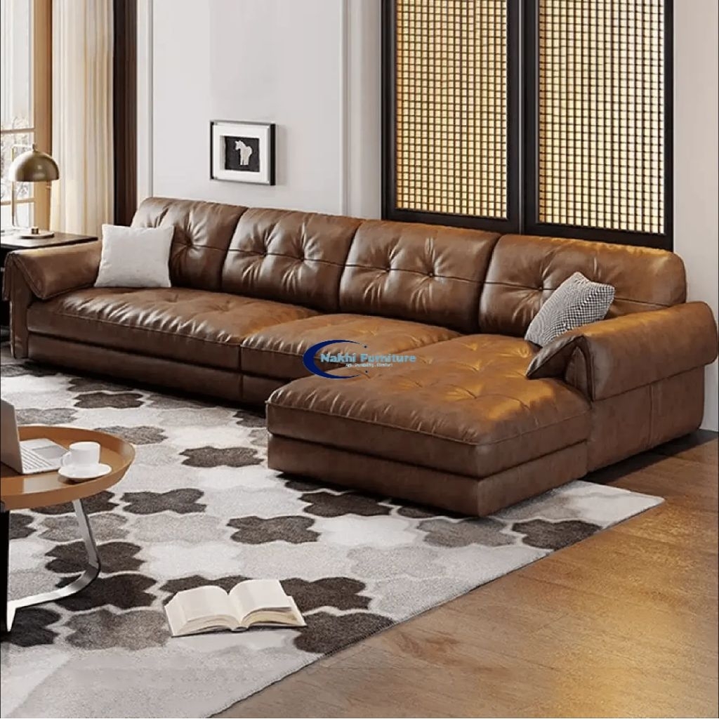 Sofa Letter L Sudut Minimalis Modern Full Kulit Coklat Premium Sofa Tamu Ruang Keluarga Mewah