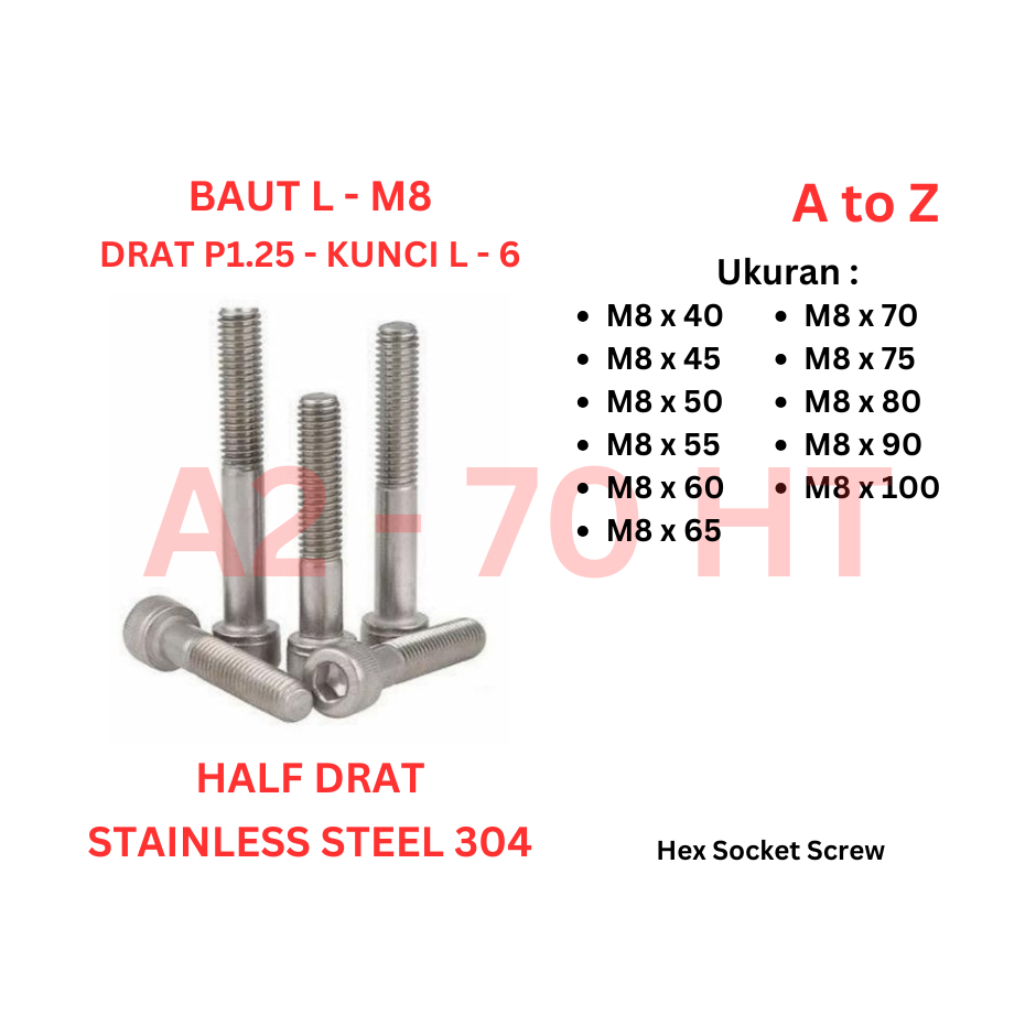 Baut L SS 304 - M8 x 40 / 45 / 50 / 55 / 60 / 65 / 70 / 75 / 80 / 90 / 100 Half Drat P1.25 - Kunci L