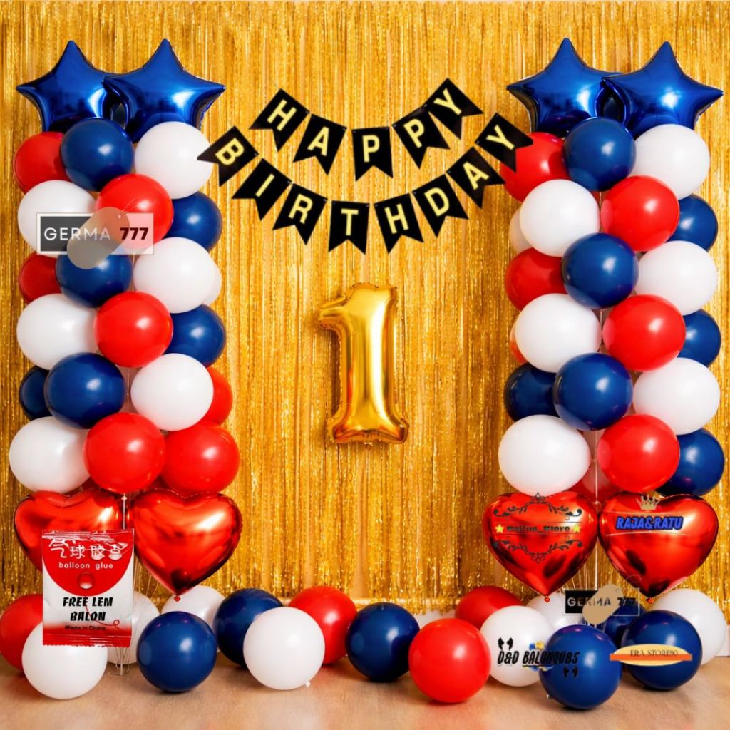Set Dekorasi Pesta Ulang Tahun Anak Banner Happy Birthday Balon Mix 3 Warna Tirai Foil Gold