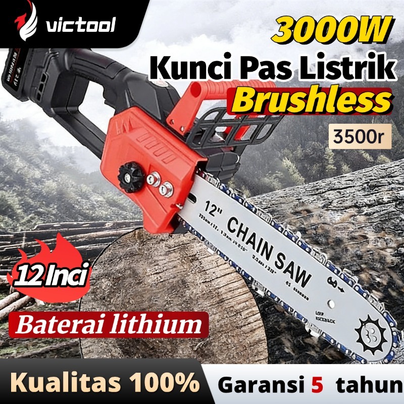 Victool Gergaji Mesin Chainsaw Cordless 12Inch Gergaji Rantai Listrik Berdaya Tinggi 3000W Dengan Mo